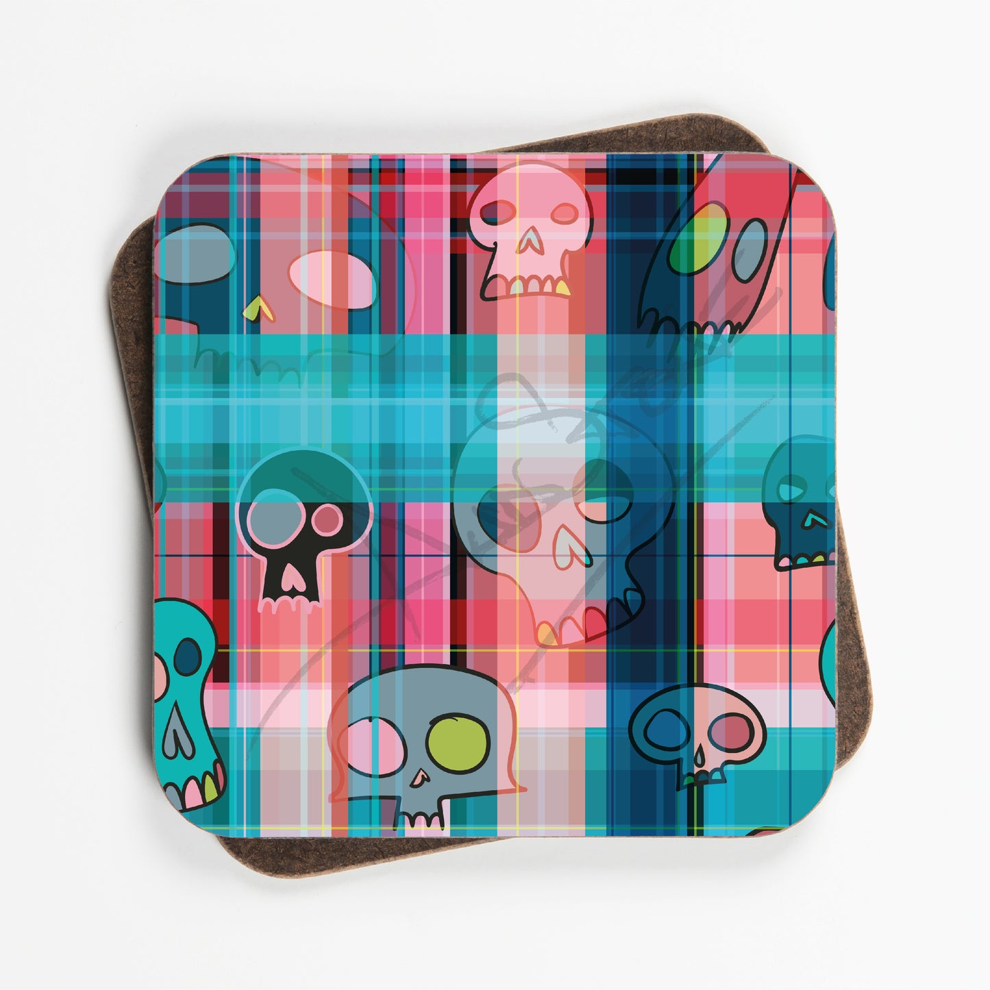 Colourful Blue Pink Skull Pattern Coasters - Set Of Four - 90mm x 90mm