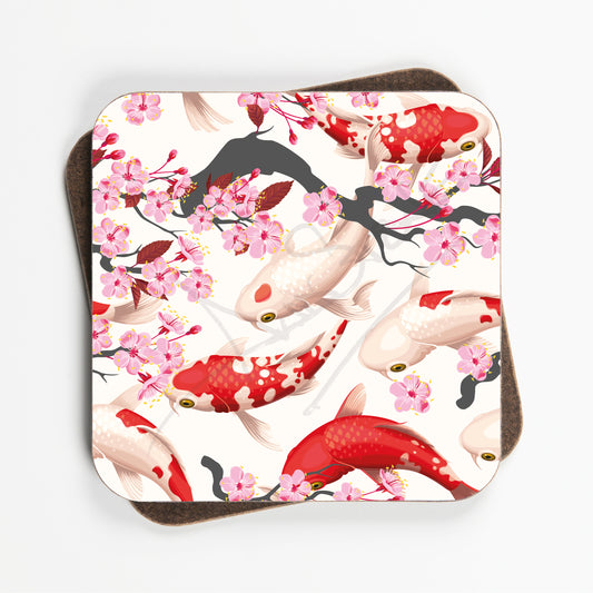 Koi Carp and Cherry Blossom Design Coasters - Set Of Four - 90mm x 90mm