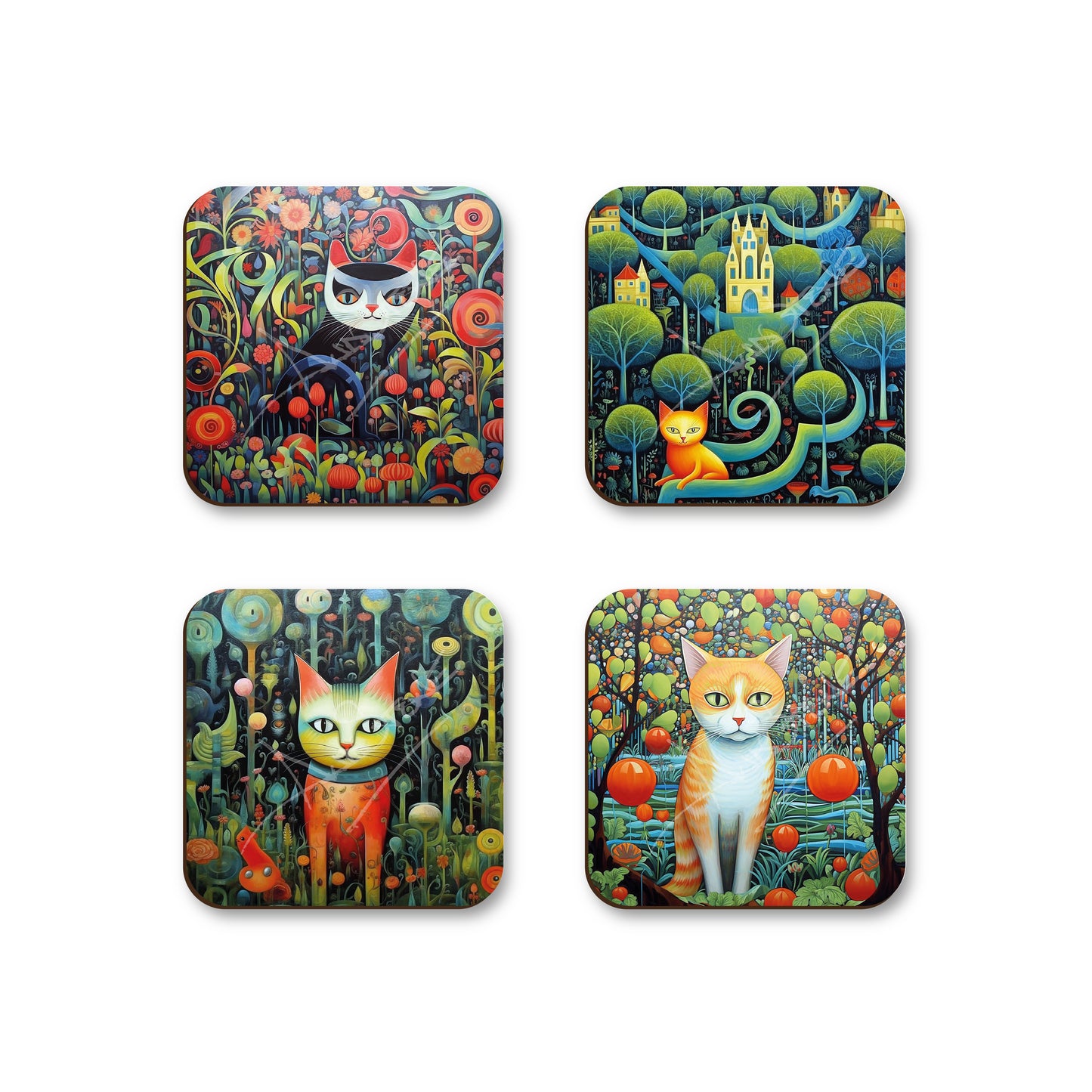 Abstract Art Cat Design Coasters - Set Of Four - 90mm x 90mm