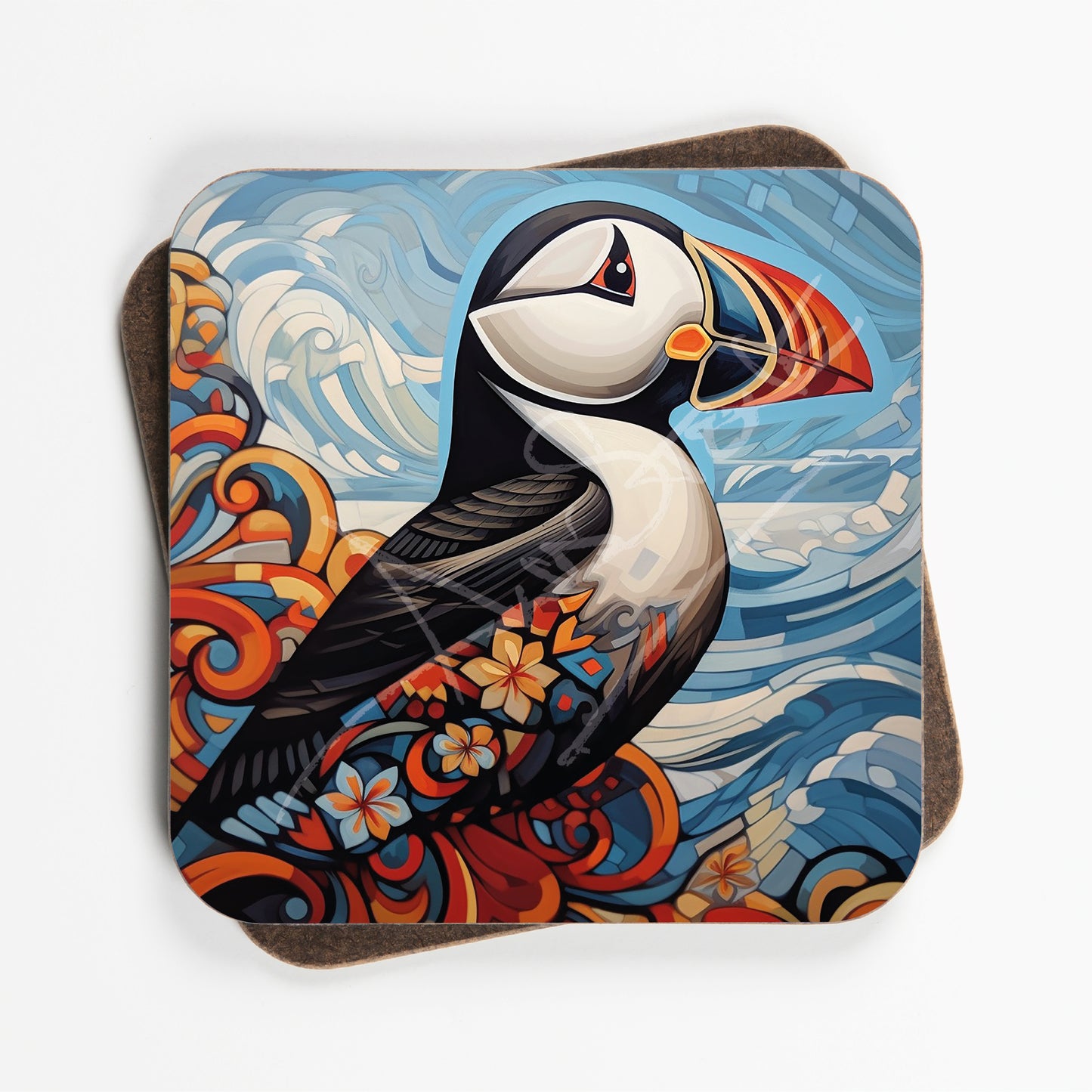 Abstract Art Puffin Design Coasters - Set Of Four - 90mm x 90mm