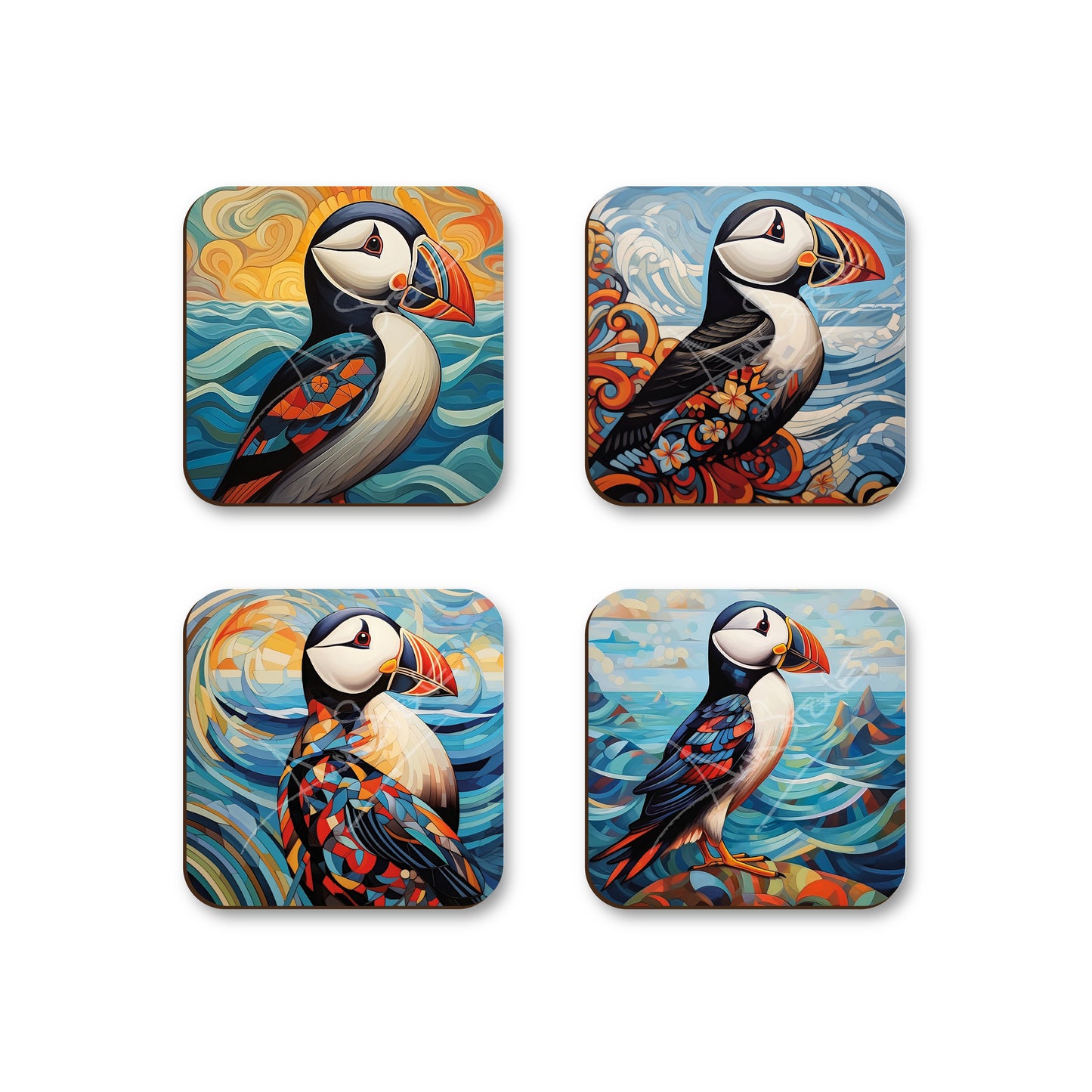 Abstract Art Puffin Design Coasters - Set Of Four - 90mm x 90mm